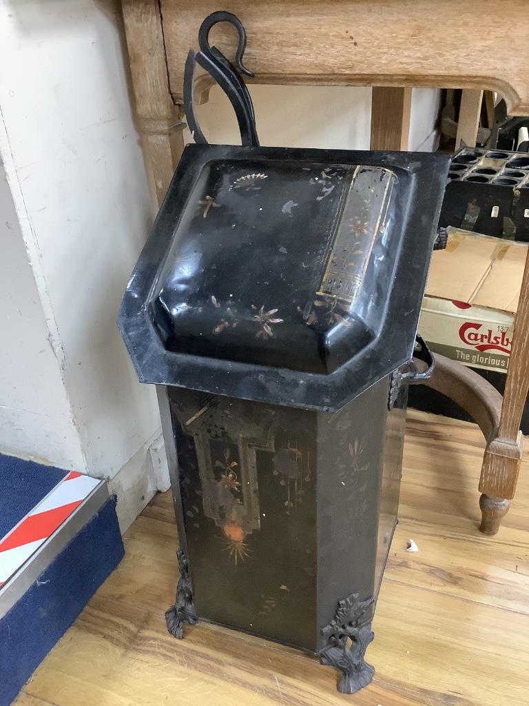 A black toleware coal scuttle, height 59cm, and various fire tools